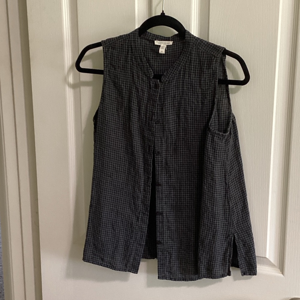 Eileen Fisher Black and Gray Checkered Blouse